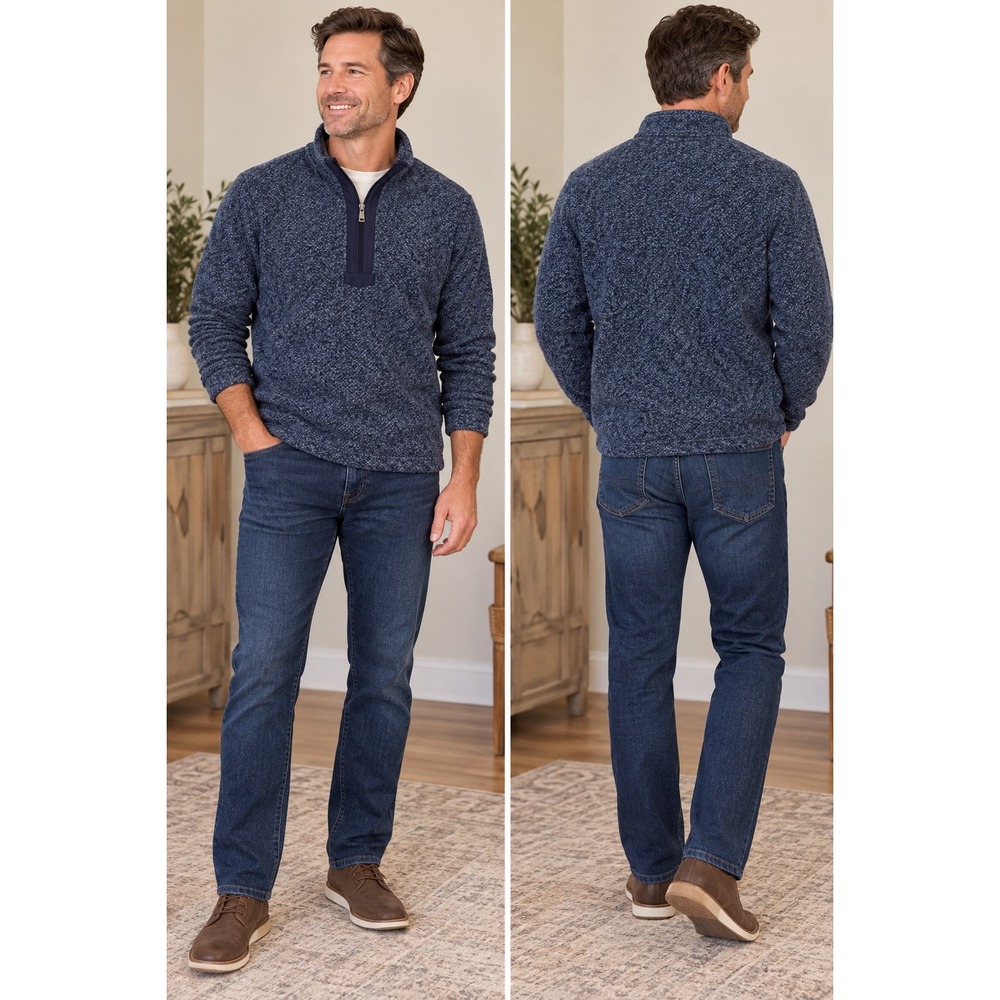 Orvis Classic Collection Men's Large Navy Sherpa Lined 1/4 Zip Fleece Pullover